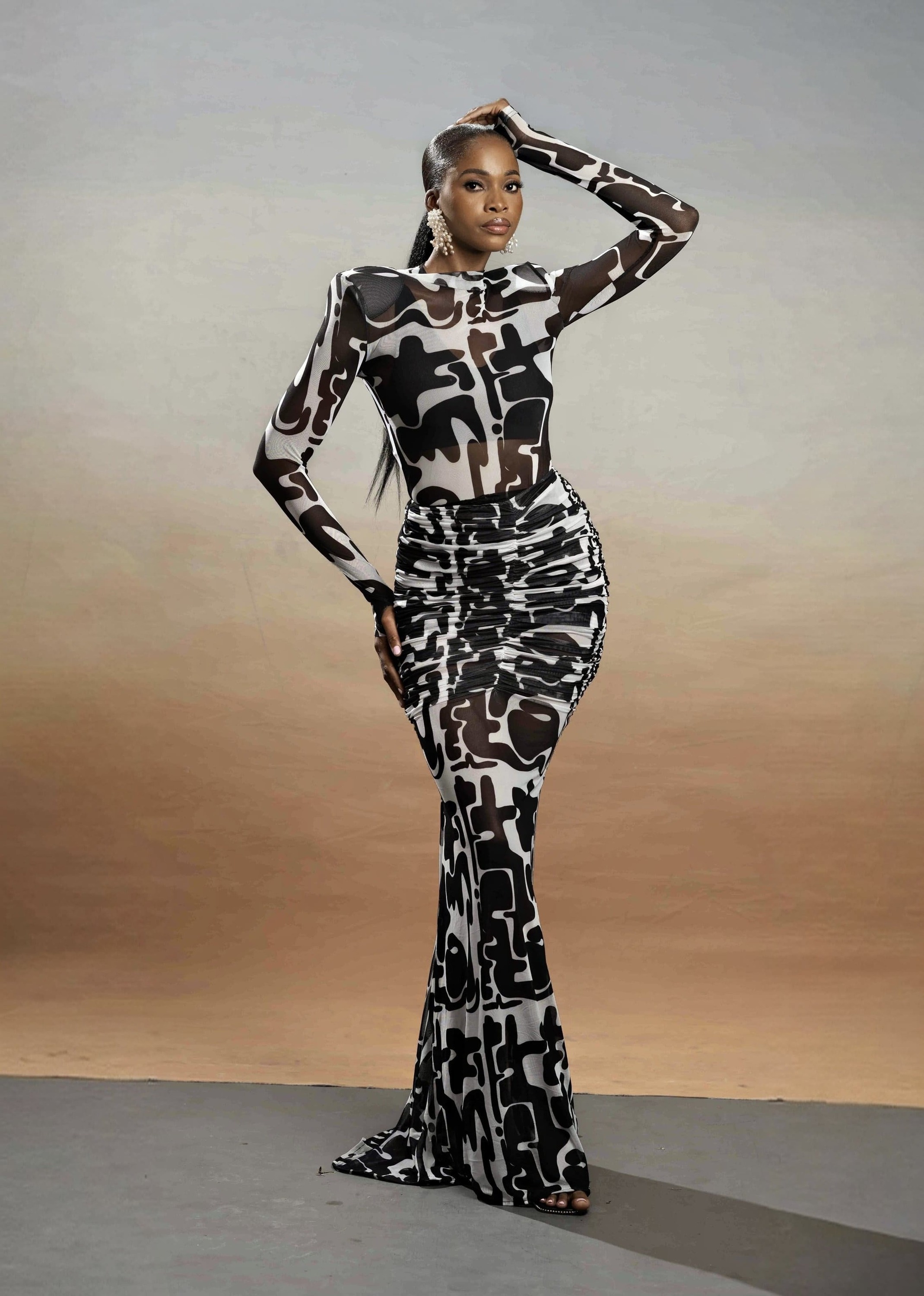 Mesh Ruched Skirt Jigsaw Print