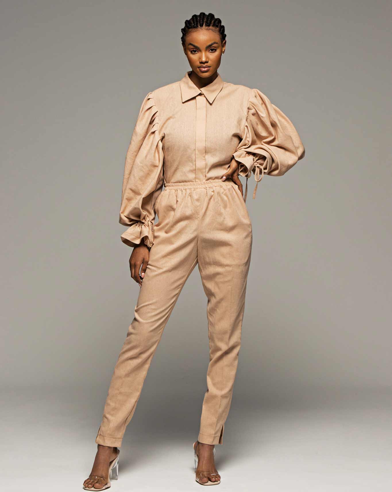 Balloon Sleeve with rope + Straight leg trousers