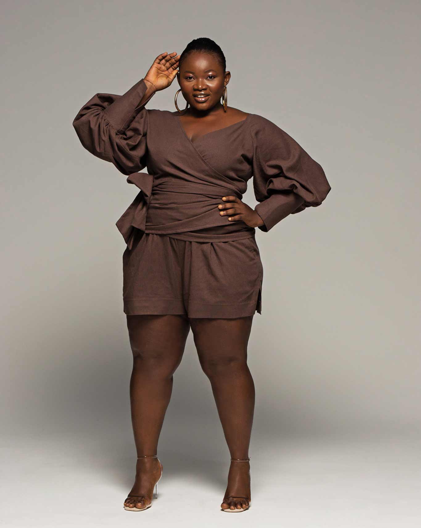 Classic Balloon Sleeve Wrap Blouse + Elastic Waist Shorts